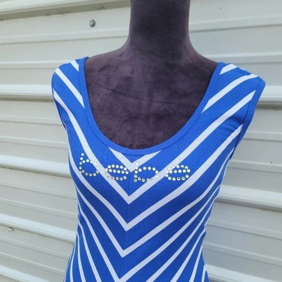 Bebe Women Dress Blue White Midi Bodycon Sleeveless Scoop Neck Sz M - Picture 7 of 11